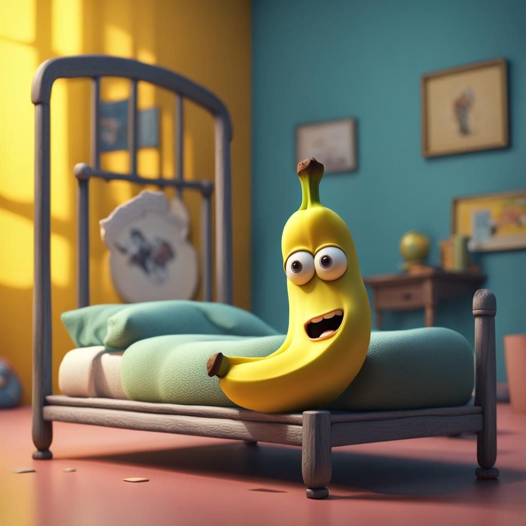 Sad Banana in Bed: Pixar-Style 3D Digital Art