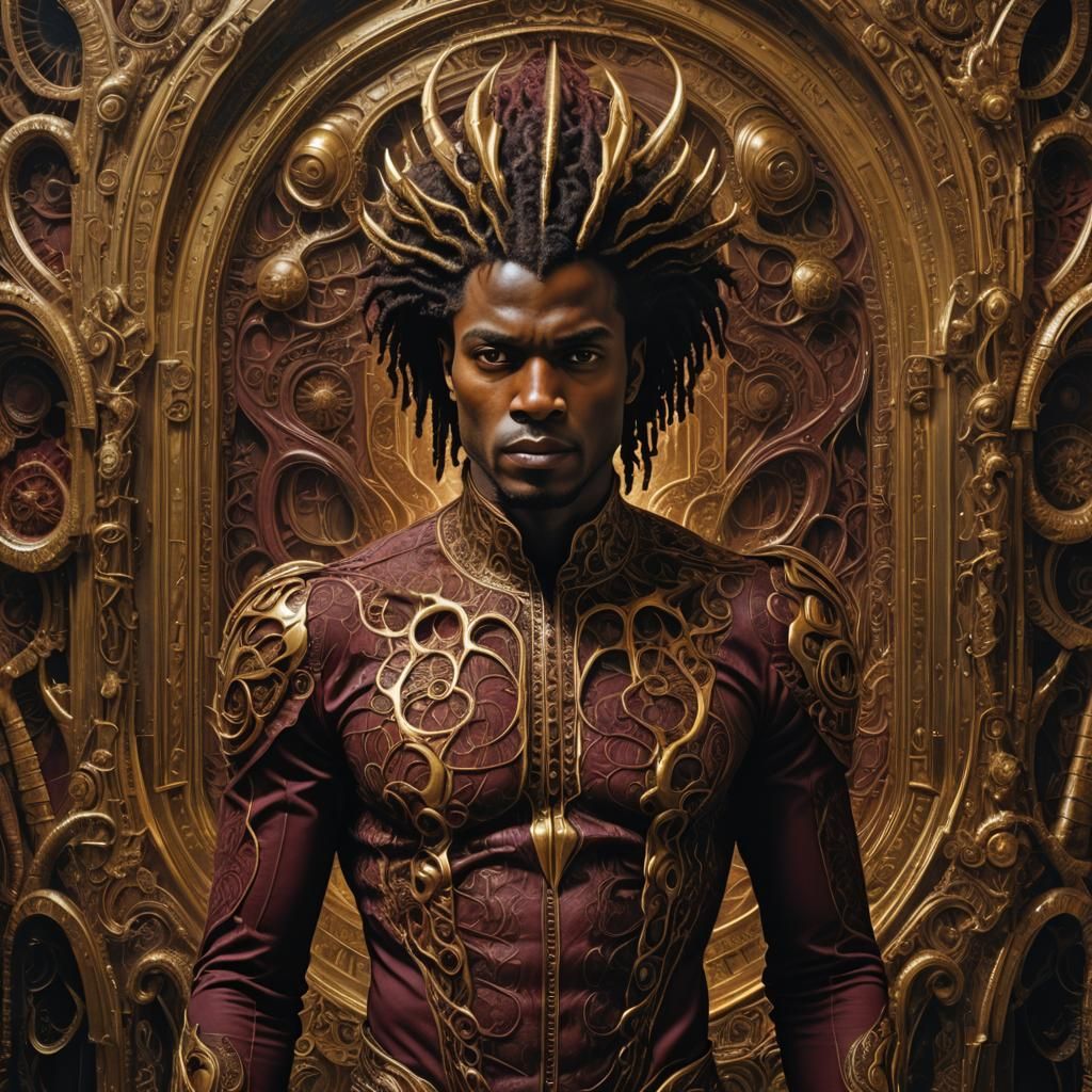 Surreal Portrait of Man in Burgundy and Gold Lace