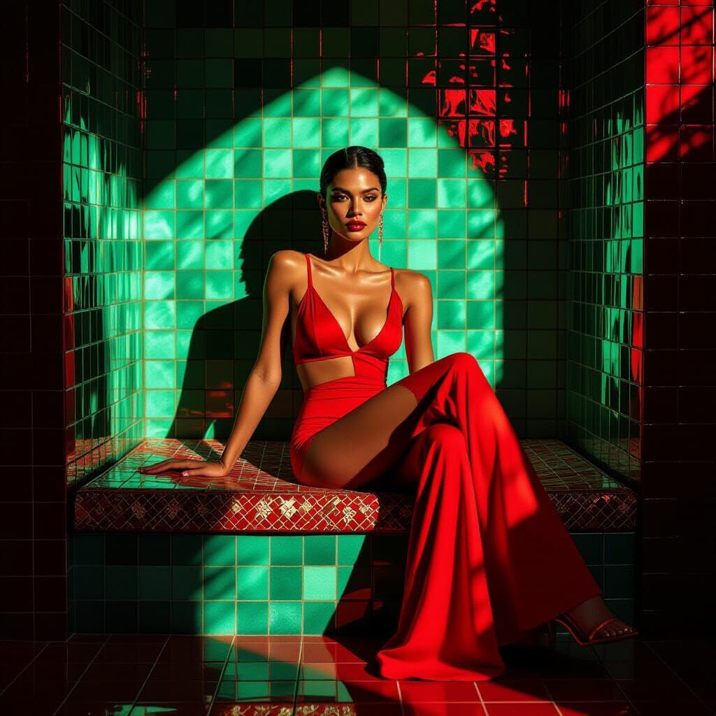 Bold Fashion Model in Red Bodysuit with Cinematic Lighting