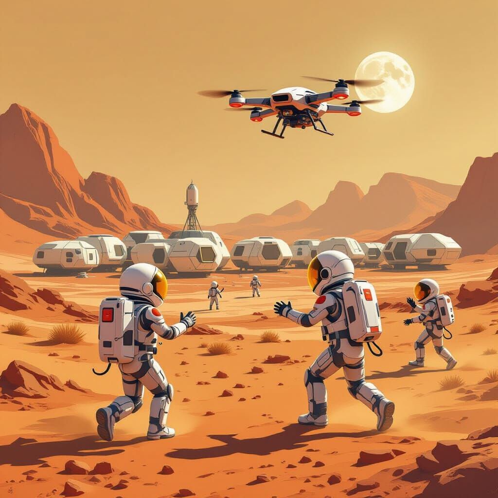 Children in Mars Exosuits Chase Drone Across Ochre Plains