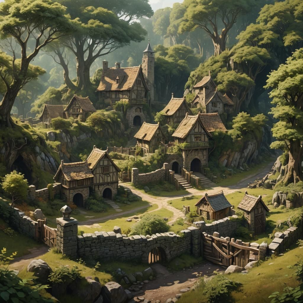 Medieval Village Beside Woodland in Digital Art