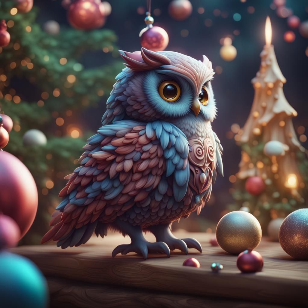 Cute Kawaii Christmas Owl in Detailed Fantasy Style
