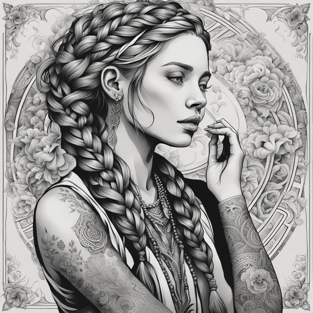 create a square, monochromatic digital illustration of a wom...