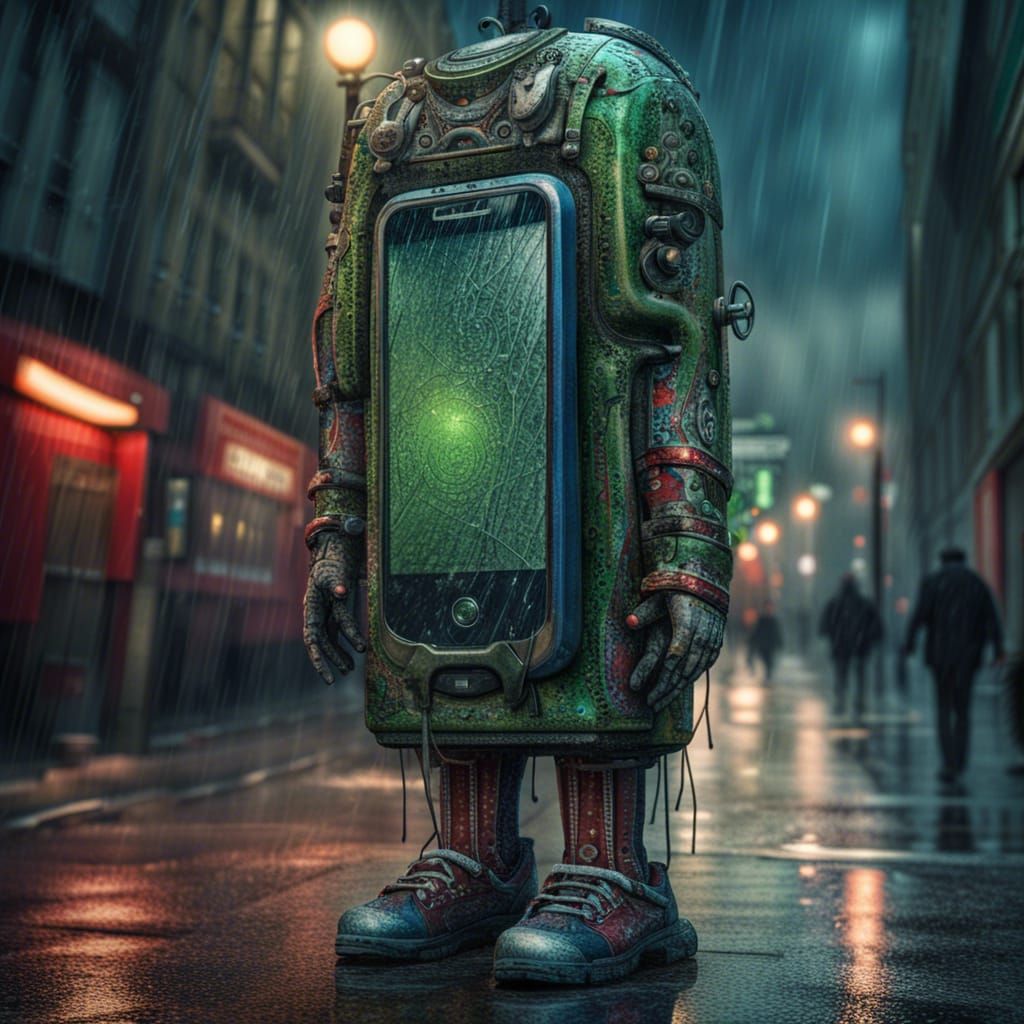 Biomechanical Man-Phone Hybrid in Rain, Ornate and Detailed