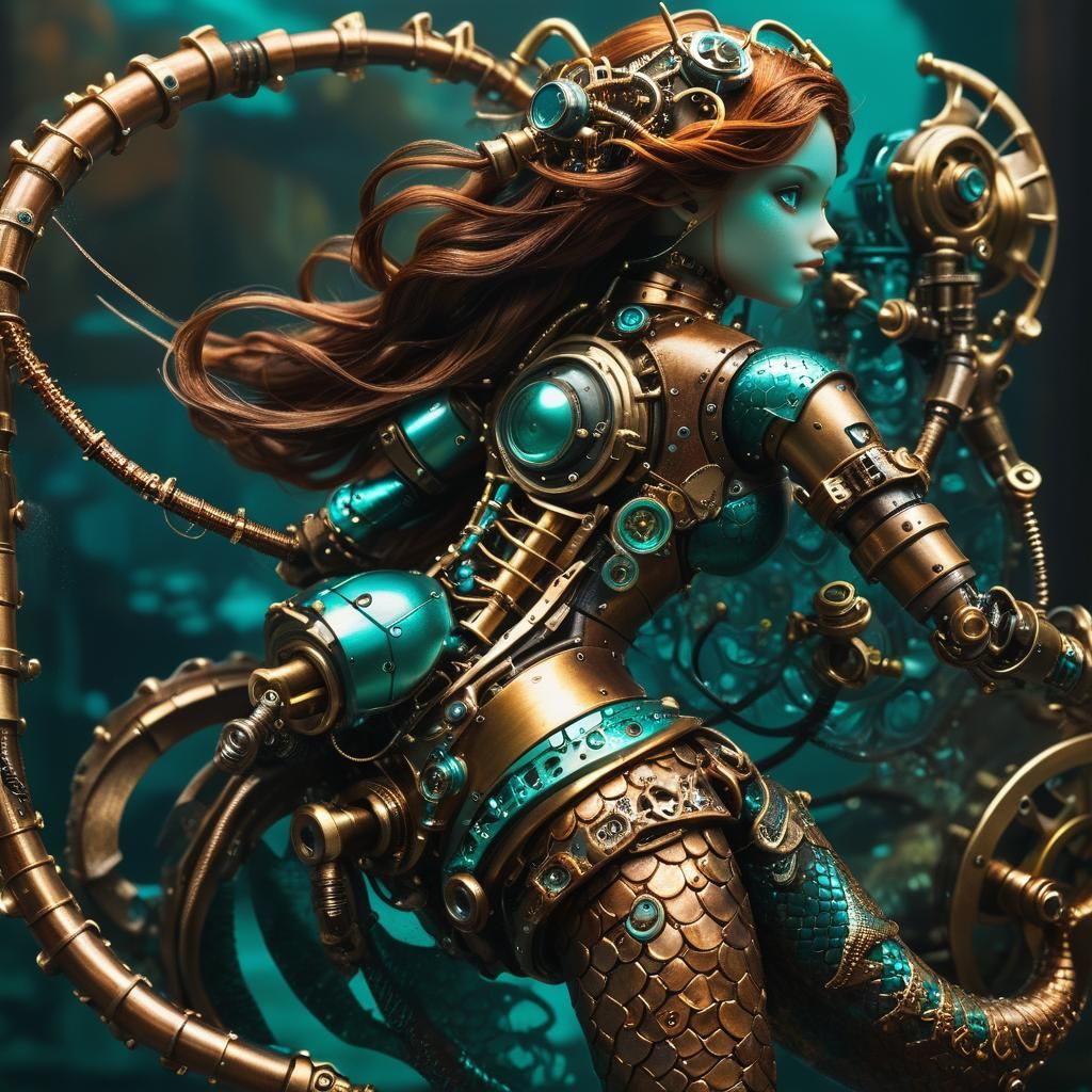 Steampunk Bionic Mermaid with Robotic Tail