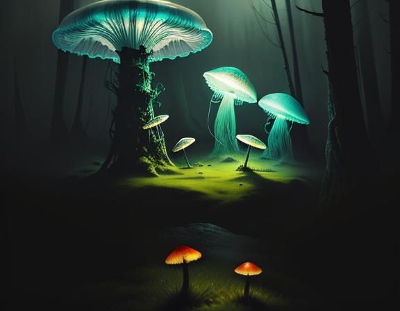 Fantastical Jellyfish and Toadstool Landscape in Sepia Tones