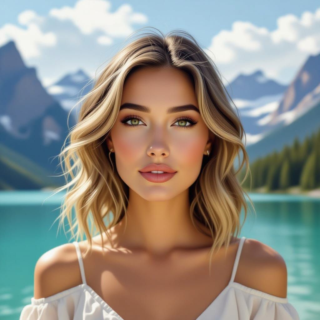 Elegant Woman by Mountain Lake in Painterly Digital Art Styl...