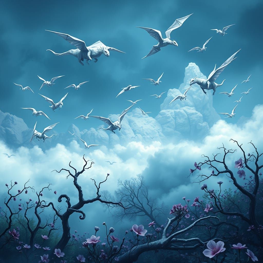 Origami Dragons Soar in a Surreal Cubist Garden