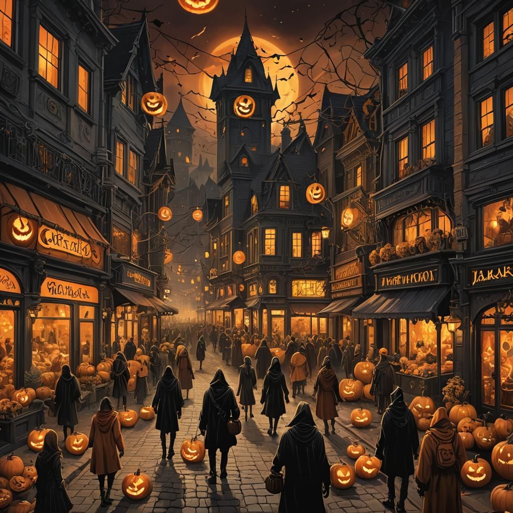 Halloween Night Street Scene in Dark Fantasy Style