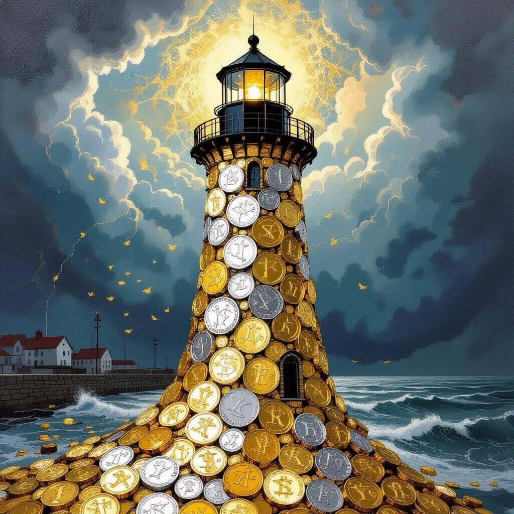 Surreal Coin Lighthouse in Stormy Harbour