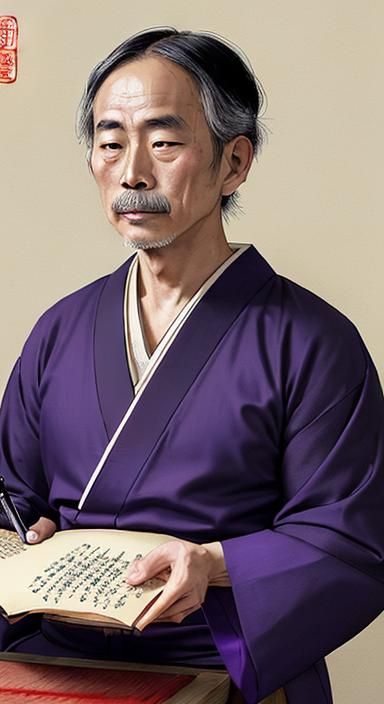 Meji-Era Japanese Man Writing: Woodblock Print