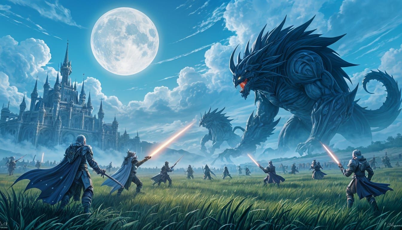 Epic Battle Under Twin Moons in Anime Style