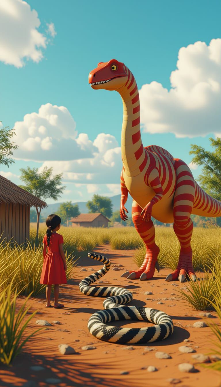 Dinosaur Observes Snake in Vibrant Indian Landscape