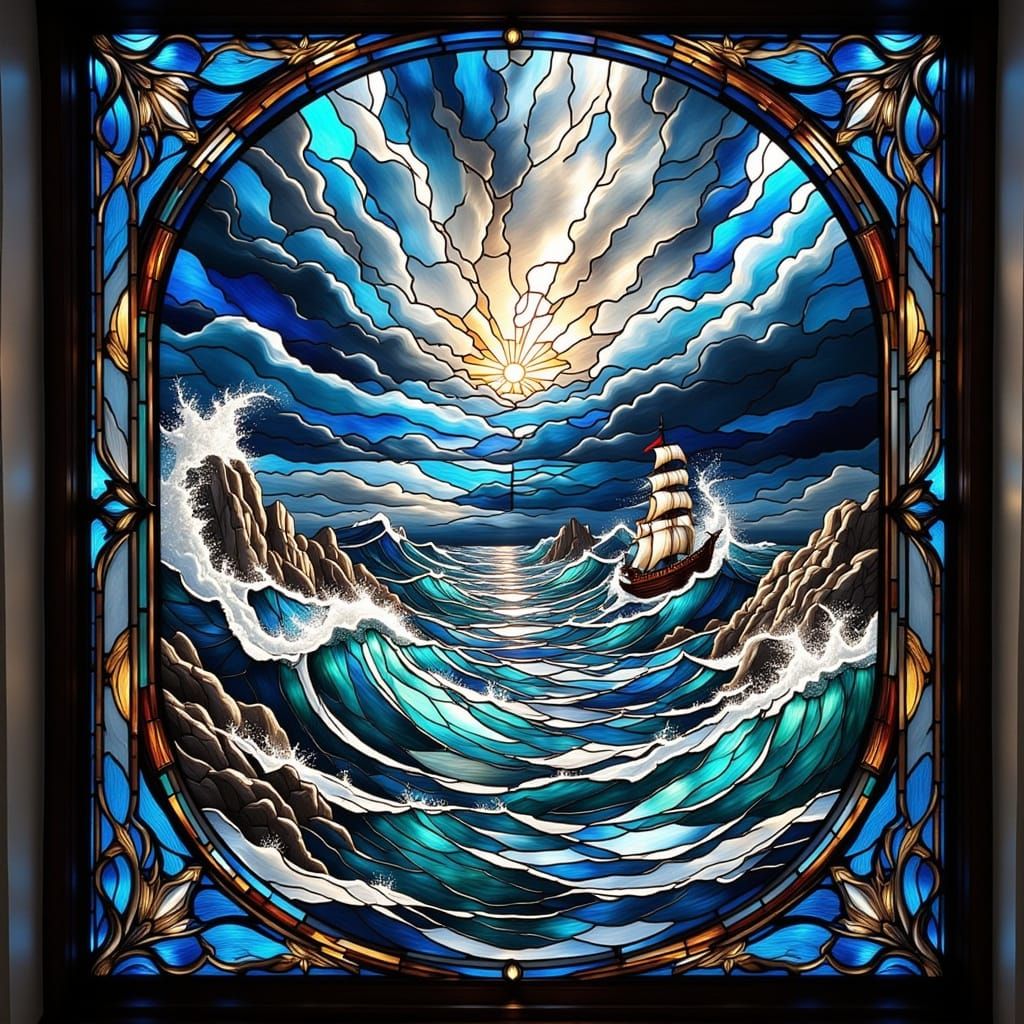 Stormy Sea in Detailed Stained Glass Window