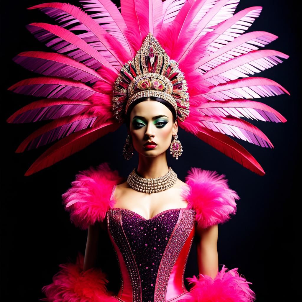 Create a stunning and elaborate carnival costume featuring an explosion of vibrant pink feathers. The costume is designe...