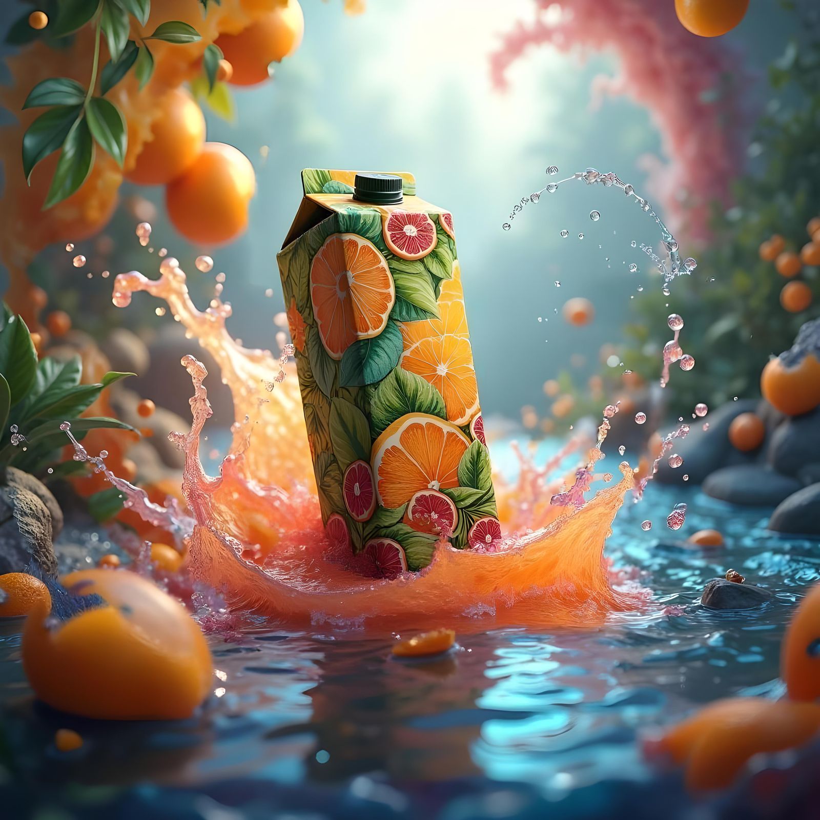 Juice Packaging Splash: Detailed Fantasy Concept Art