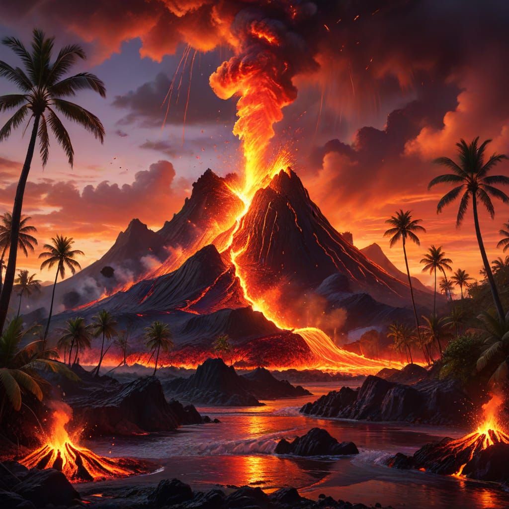 Tropical Island Volcano Eruption in Oil Painting Style