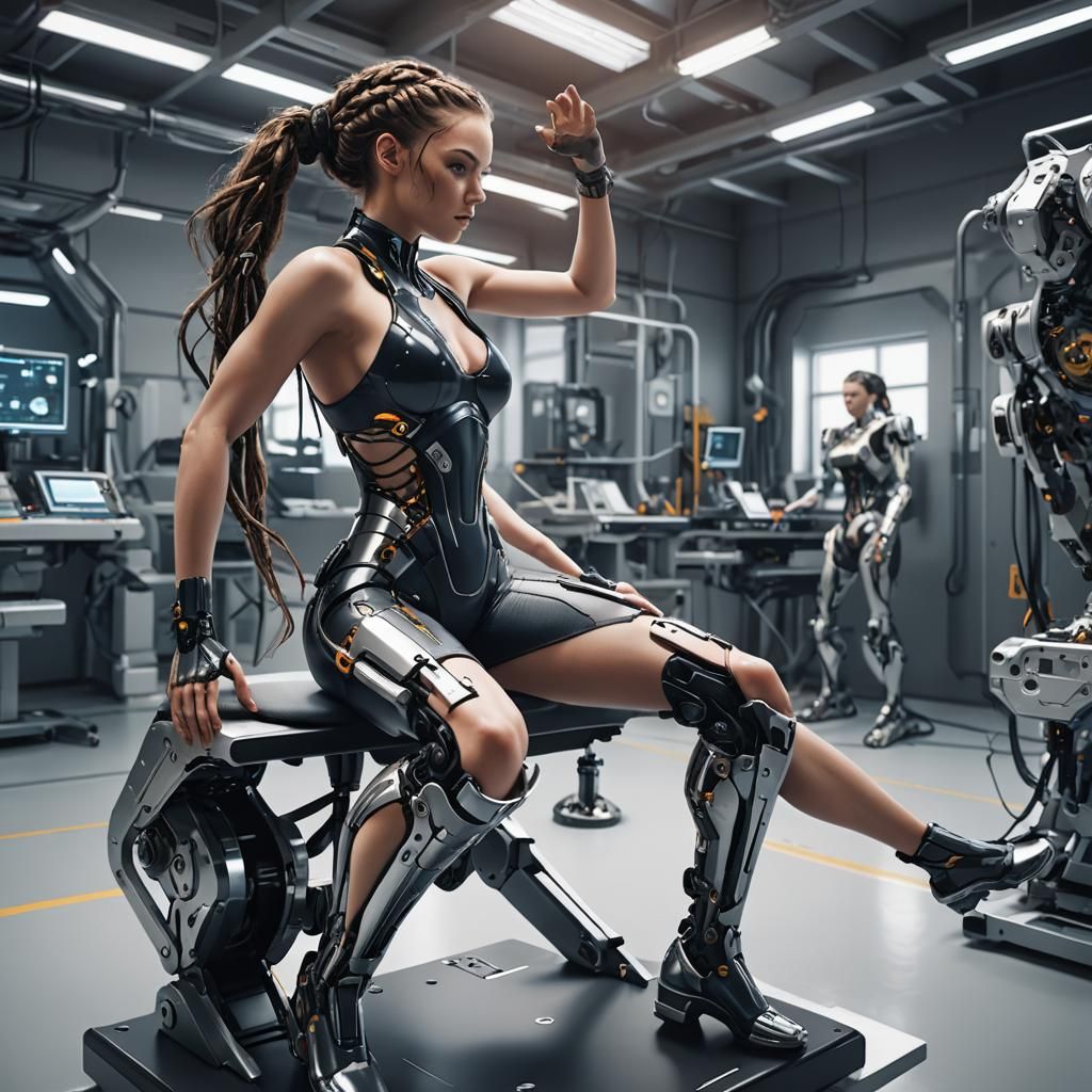 Cybernetic Woman Stretching in Futuristic Robotics Lab