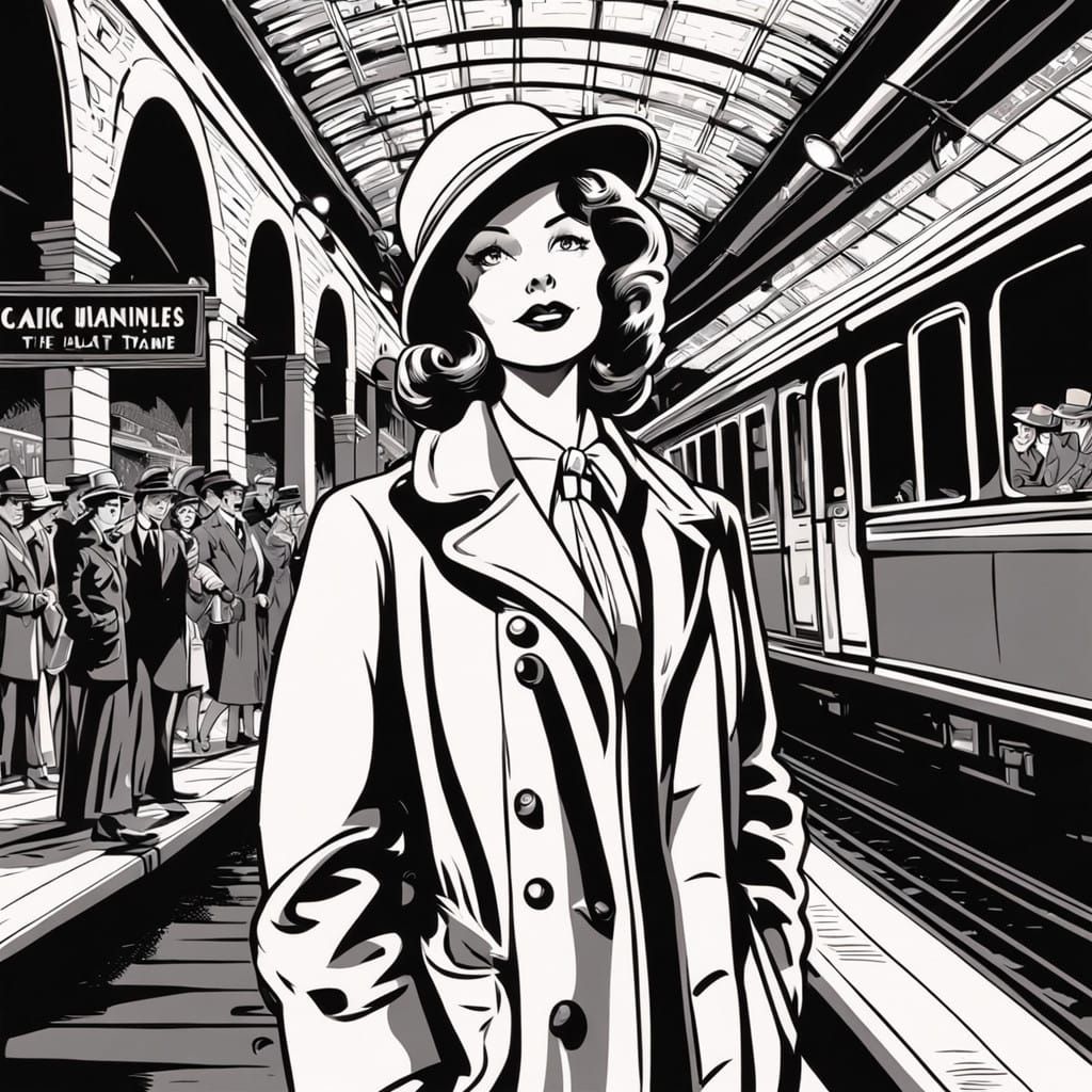 Vintage Train Station Scene in Comic Book Style