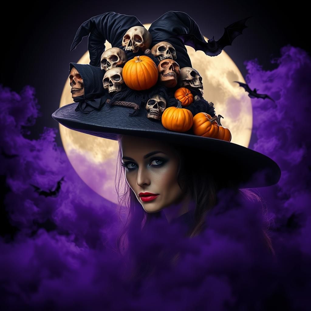 Witch Framed by Full Moon in Hyperrealistic Detail