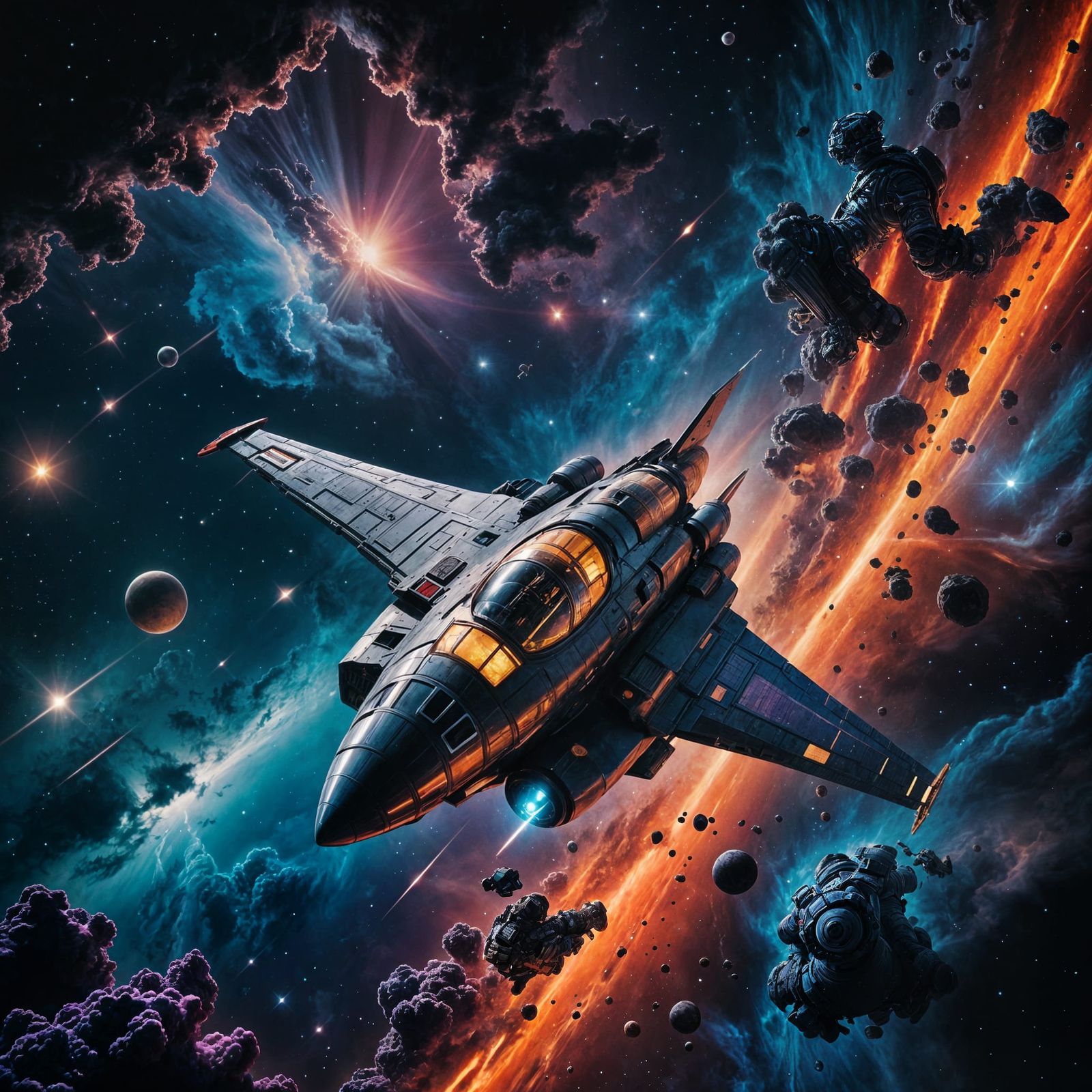 Cinematic Spaceship Journey Through Cosmic Nebula