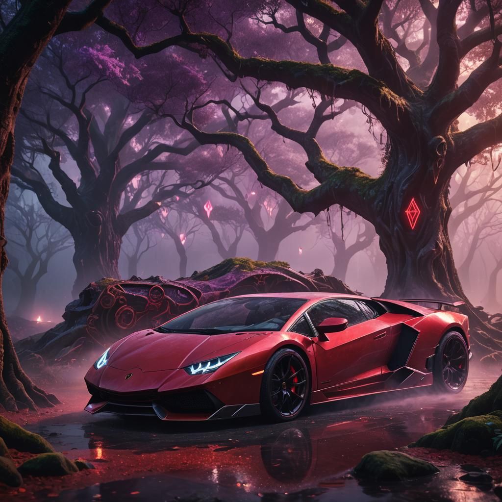 Red Lamborghini in Mystical Fantasy Setting
