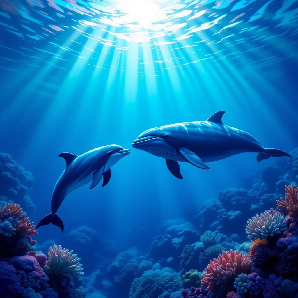 Dolphin and Blue Whale Chatting in Sunlit Coral Reef Abyss