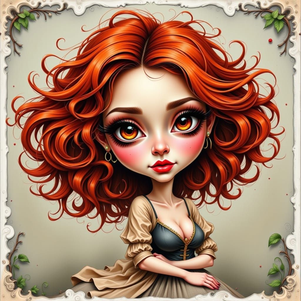 Whimsical Caricature of a Dark Redhead Beauty