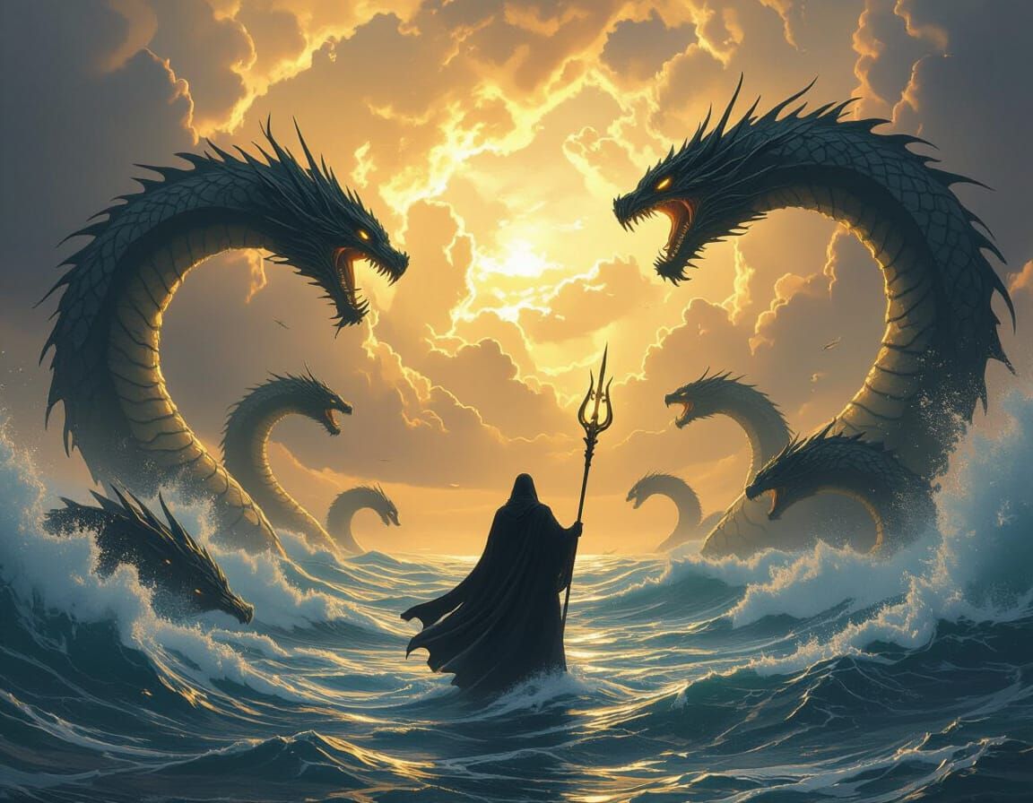 Mysterious Figure Guarded by Sea Monsters in Stormy Ocean