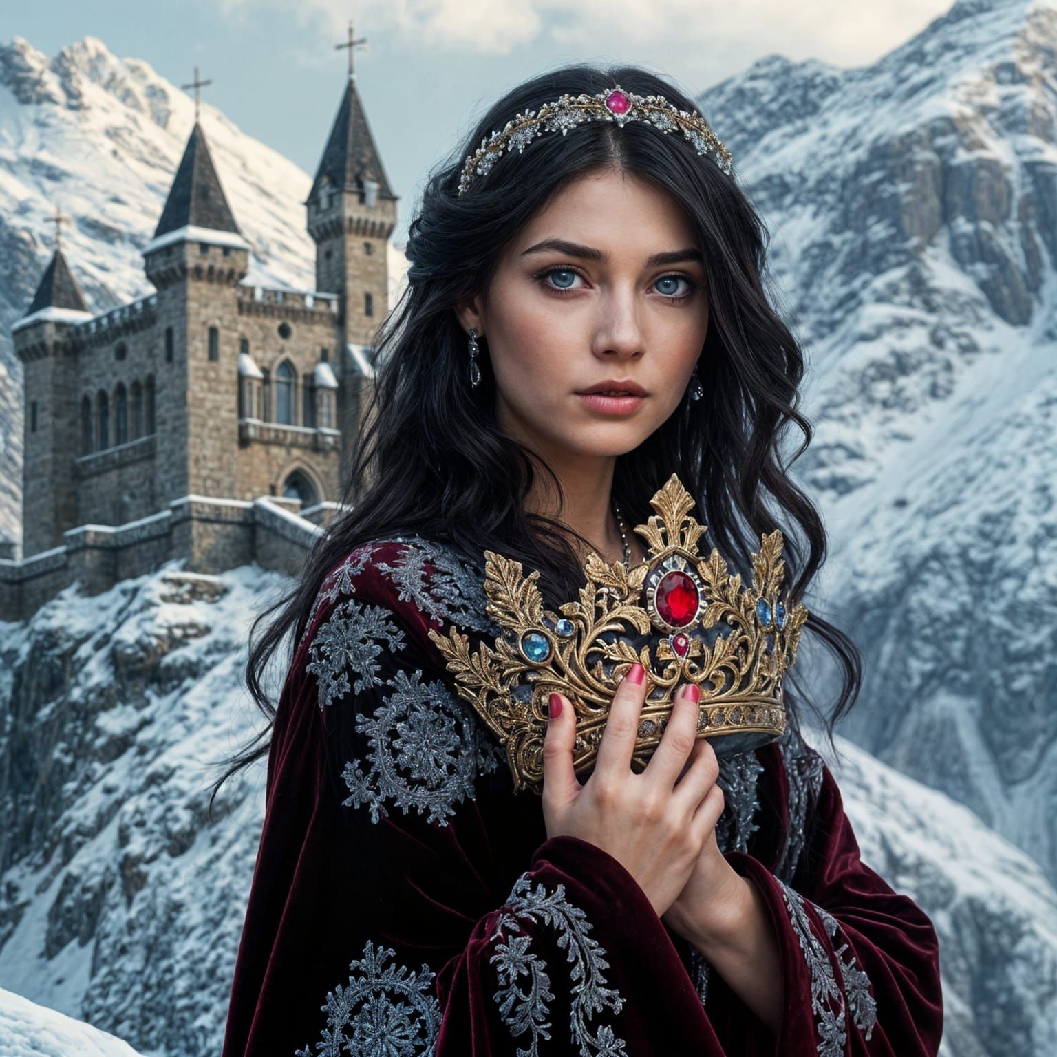 Ethereal Snow Queen in Majestic Castle Setting