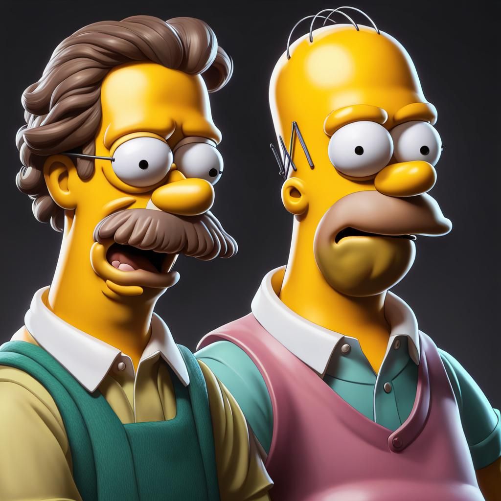 Flanders and Simpson Portrait in Detailed Art Style