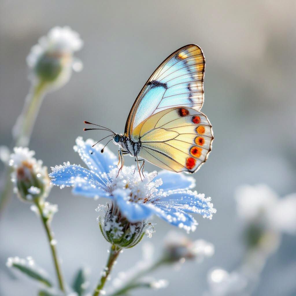 Porcelain Butterfly on Frosted Flower in Winter