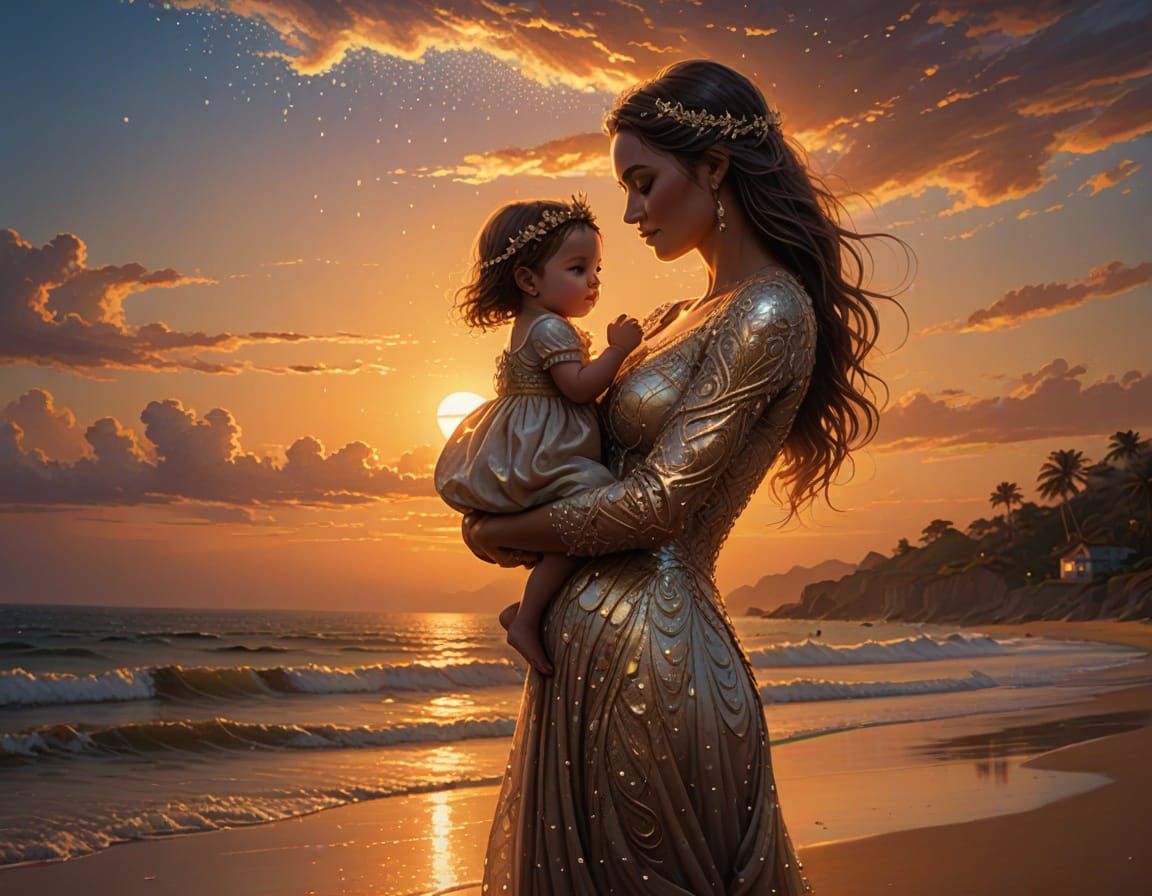 Elegant Mother and Daughter in Sunset Beach Scene
