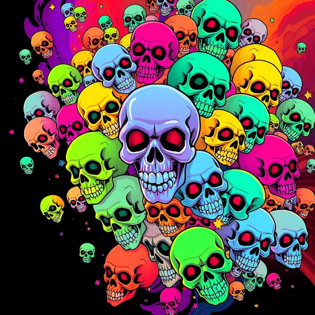 Psychedelic Cartoon Skulls Dance in Cosmic Background