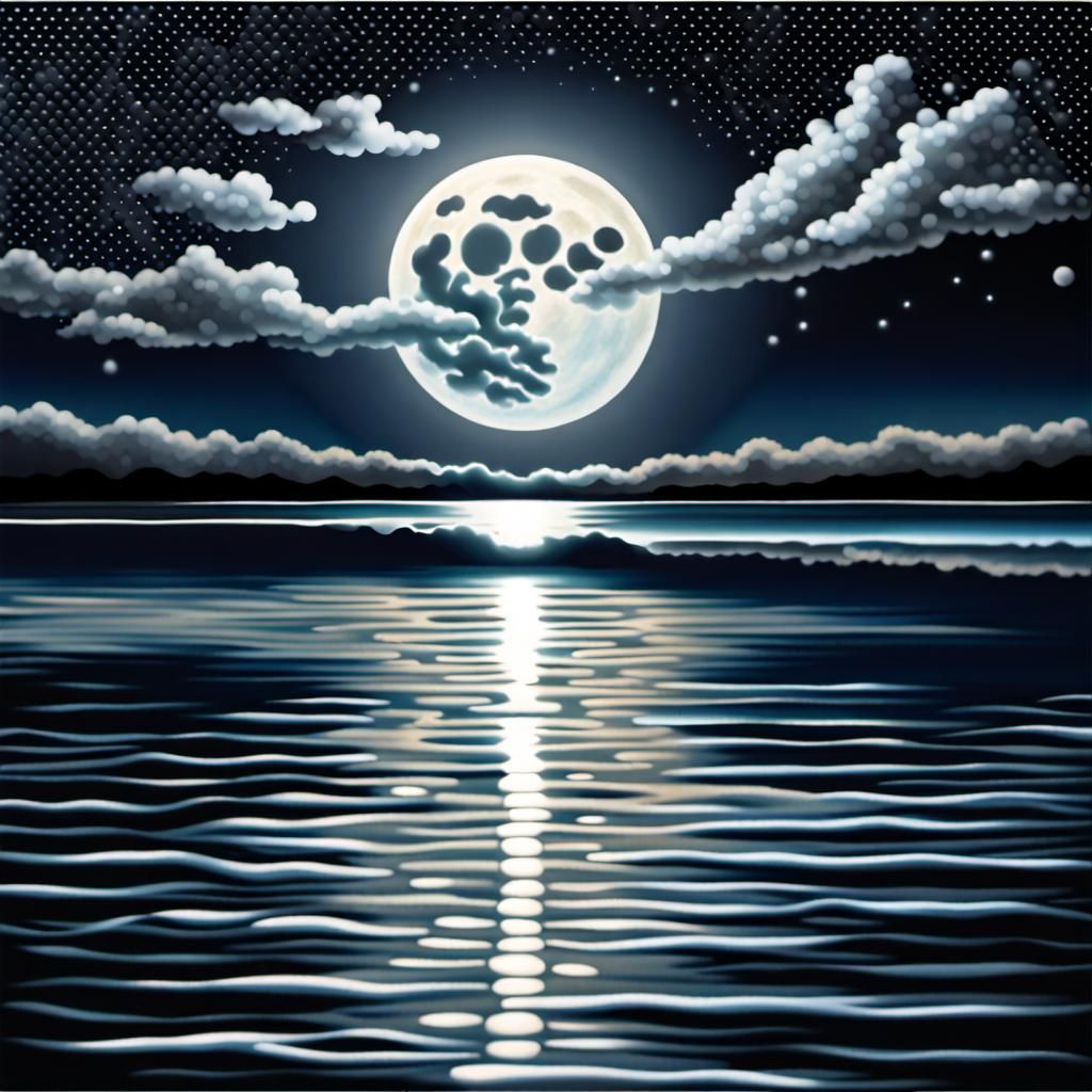 Full Moon Over Water in Pointillist Style