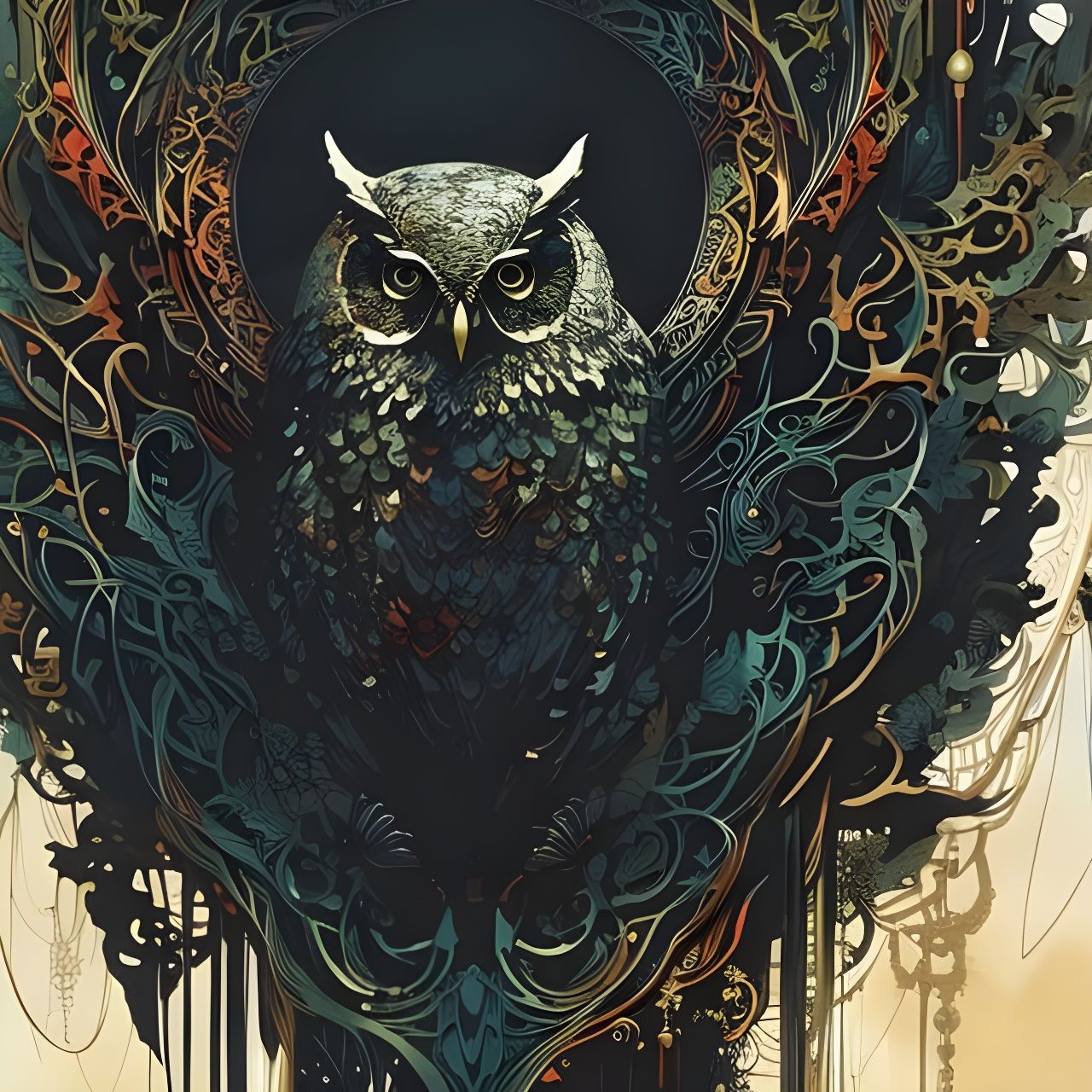 Detailed Black Owl with Bronze Outlines