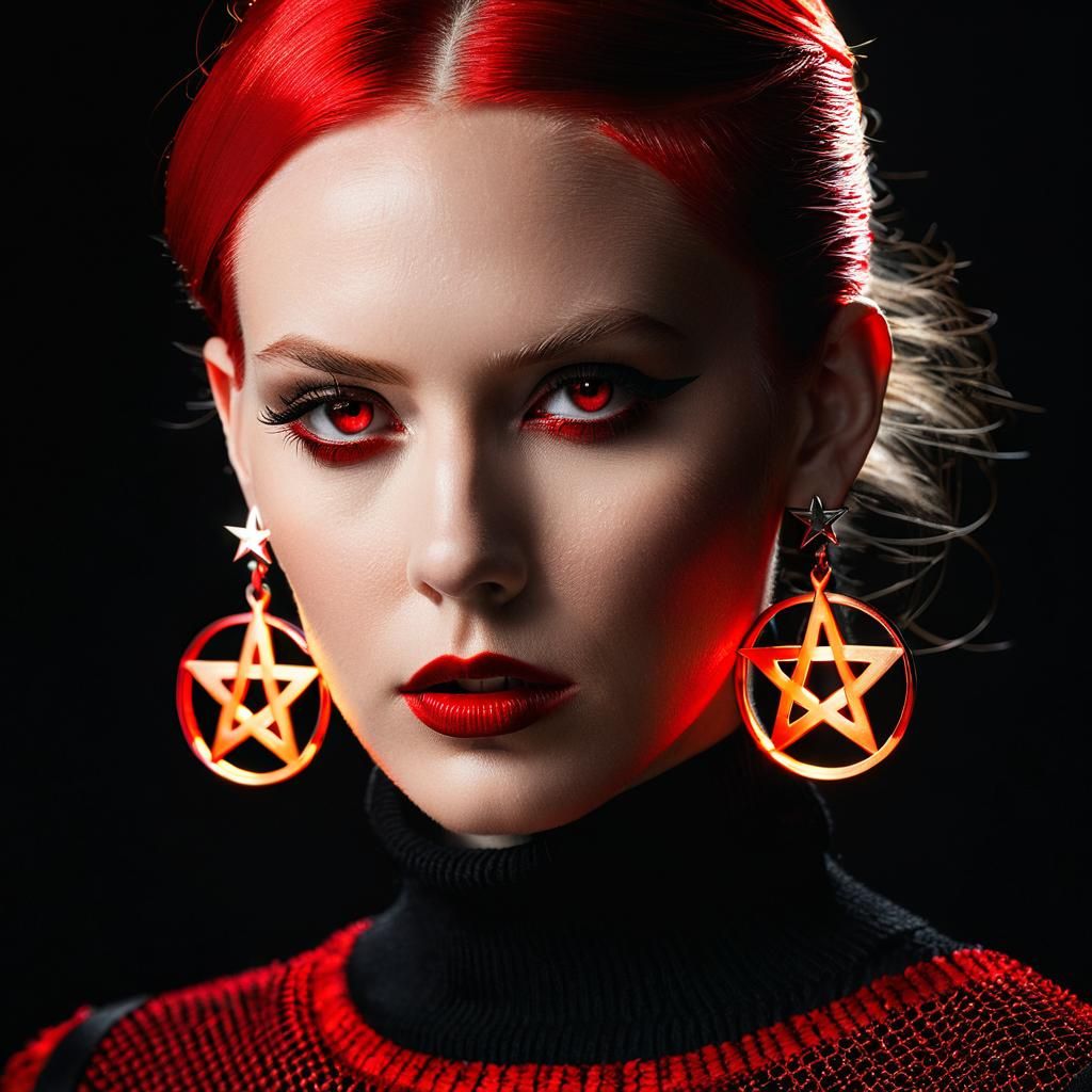 Eerie Portrait with Pentagram Earrings in Photorealism
