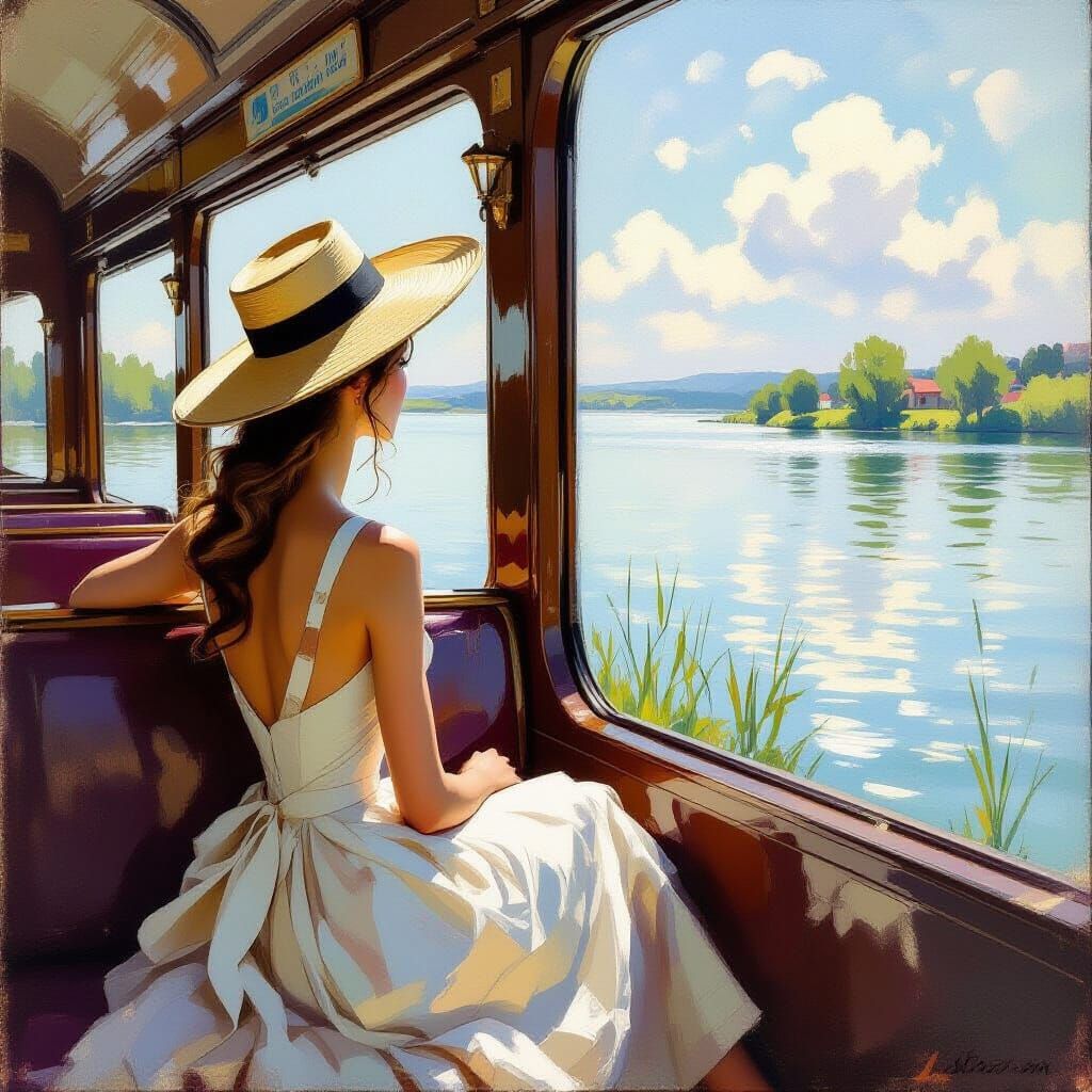 Elegant Girl on Train Viewing Lake, Impressionist Style