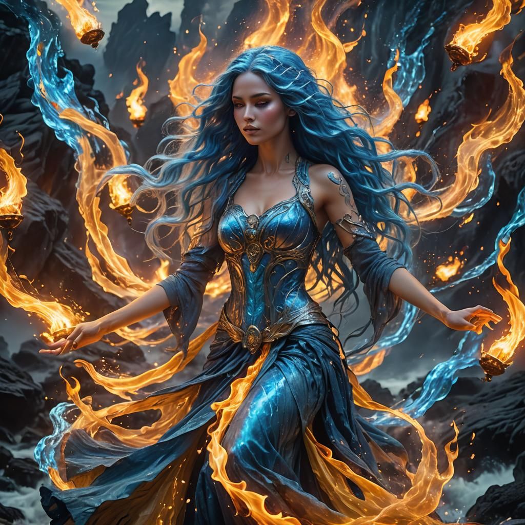 Woman with Blue Fire Hair in Lava Landscape