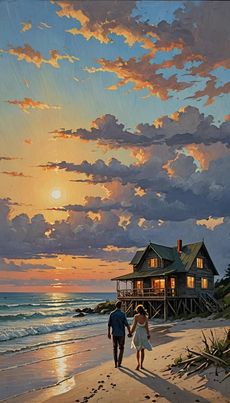 Romantic Beach Scene in a Whimsical Oil Painting Style
