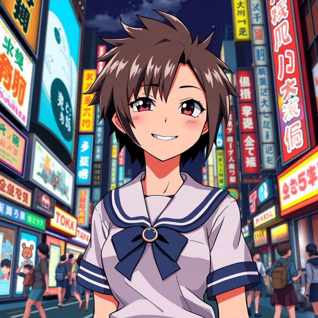 Anime Girl in Tokyo Street, Manga Style