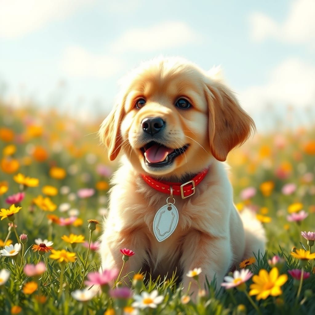 Golden Retriever Puppy in Sunny Flower Field
