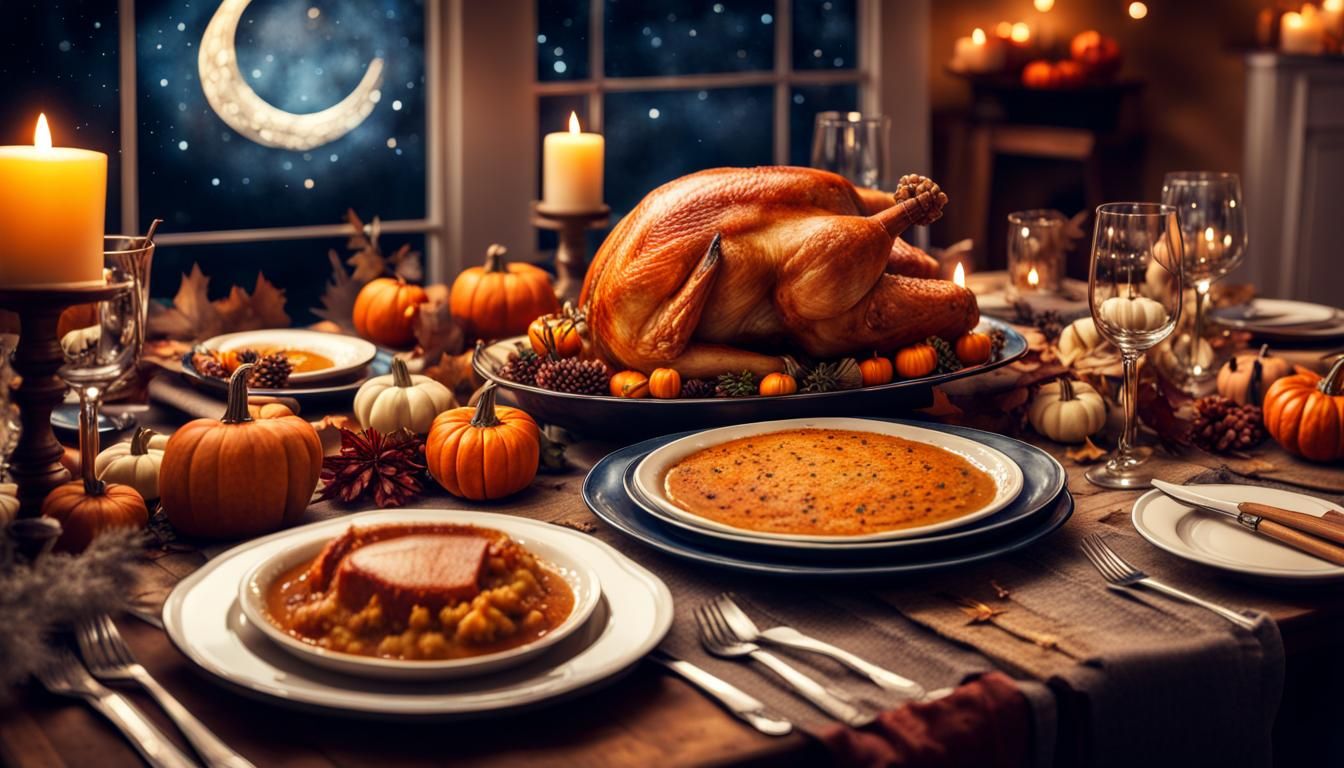 Thanksgiving Family Gathering Under Starry Night in Watercol...