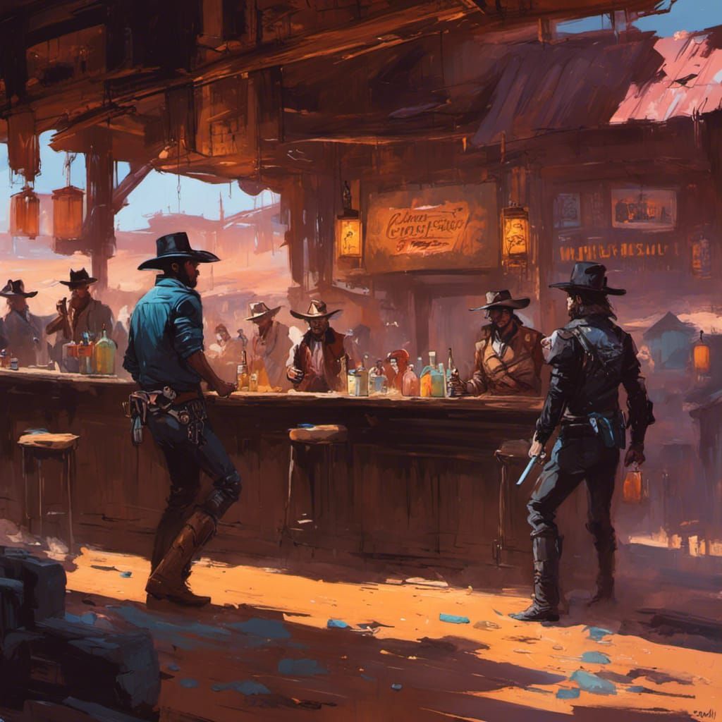 Cyberpunk Cowboy Saloon Fight in Gouache Style