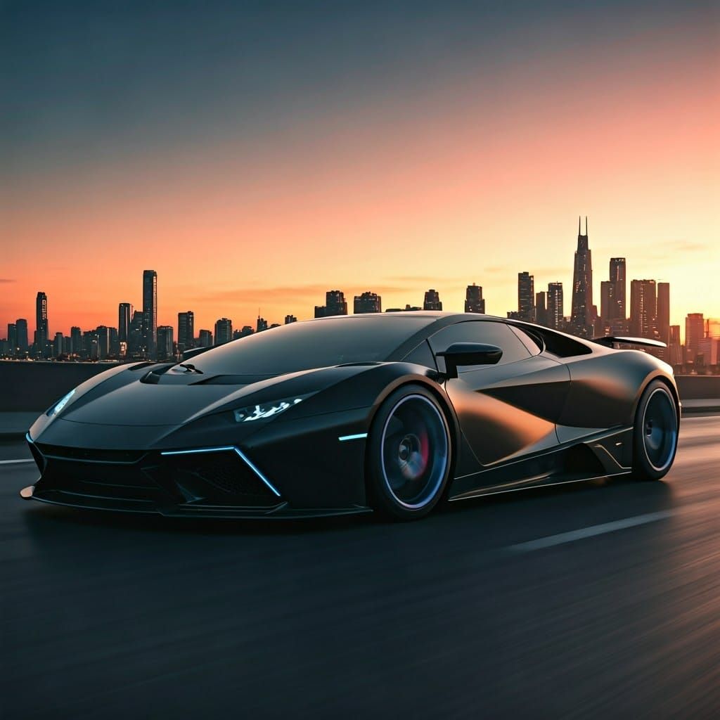 Futuristic Supercar Speeds Down Cyberpunk Highway at Dusk