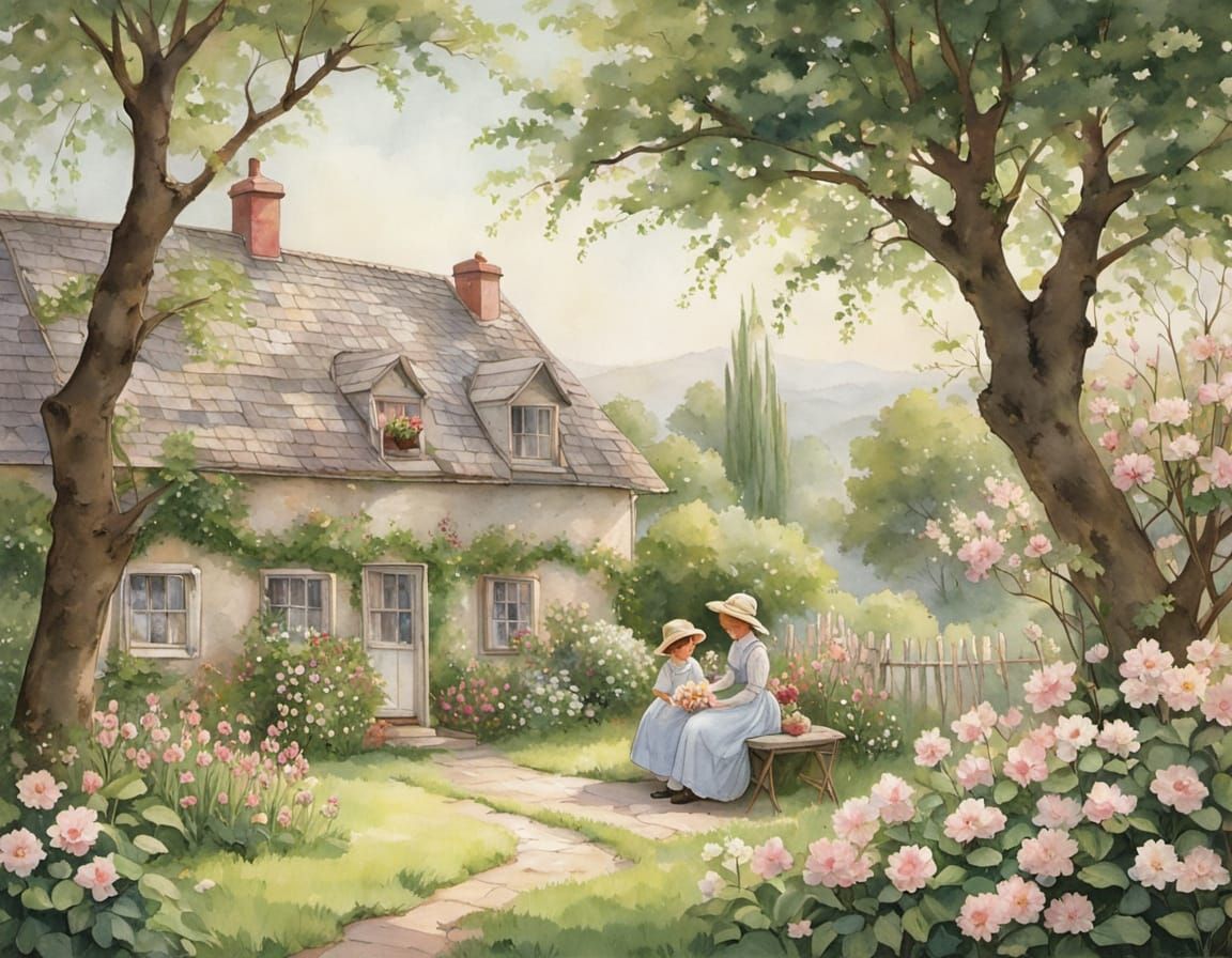 Whimsical Childhood Scene Under Blooming Fruit Trees