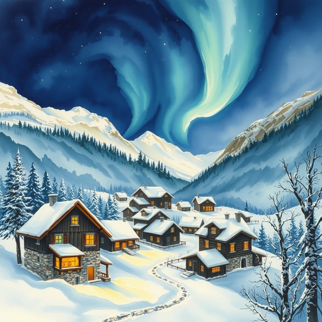 Mountain Village Aurora in Watercolor Mixed Media