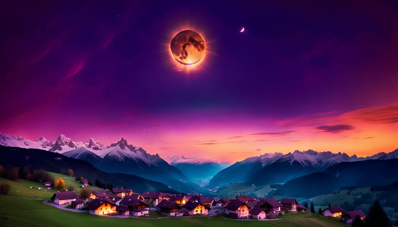 Alpine Village Under Lunar Eclipse: Cinematic Still