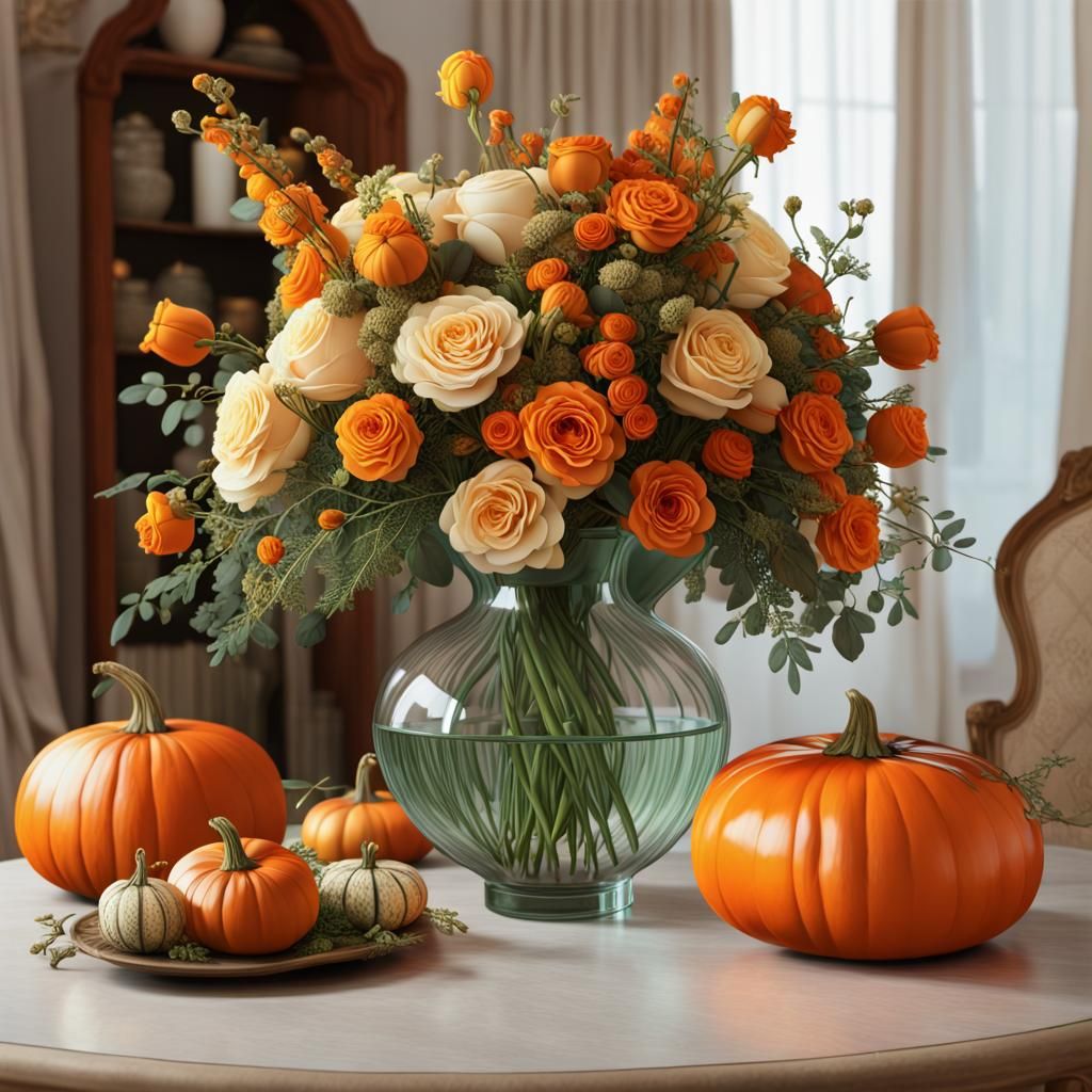 Floral Arrangement with Pumpkins in Sci-Fi Style
