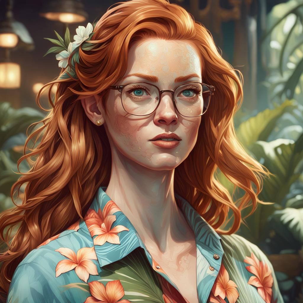 Ginger Woman in Hawaiian Shirt: Detailed Portrait
